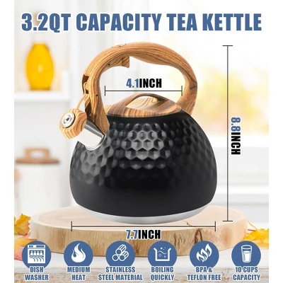 Itopfox Stainless Steel Whistling Tea Kettle With Wood Handle For Stovetop, 3.2 Qt Capacity, Suitable For Gas & Electric Cooktops, Black 5 Itopfox Stainless Steel Whistling Tea Kettle With Wood Handle For Stovetop, 3.2 Qt Capacity, Suitable For Gas & Electric Cooktops, Black - Image 3