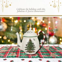 Spode Christmas Tree 32oz Teapot With Peppermint Candy Cane Handle - Earthenware, Festive Holiday Serveware, Brewing Warm Winter Drinks -Household Kettle Shop GUEST 168c3e27 9df1 47b1 9816 b7519c0762ca