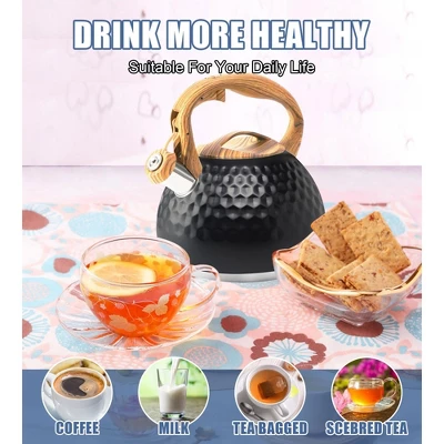 Itopfox Stainless Steel Whistling Tea Kettle With Wood Handle For Stovetop, 3.2 Qt Capacity, Suitable For Gas & Electric Cooktops, Black 6 Itopfox Stainless Steel Whistling Tea Kettle With Wood Handle For Stovetop, 3.2 Qt Capacity, Suitable For Gas & Electric Cooktops, Black - Image 4