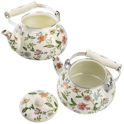 Itopfox Vintage Enamel Tea Kettle, Green Floral Steel Teapot With Cool Touch Porcelain Handle For Stovetop, Home Kitchen Decor, Gift For Housewarming 4 Itopfox Vintage Enamel Tea Kettle, Green Floral Steel Teapot With Cool Touch Porcelain Handle For Stovetop, Home Kitchen Decor, Gift For Housewarming - Image 2