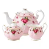 New Country Roses Pink Teapot, Sugar, Cream, 3 Piece Set