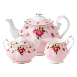 New Country Roses Pink Teapot, Sugar, Cream, 3 Piece Set