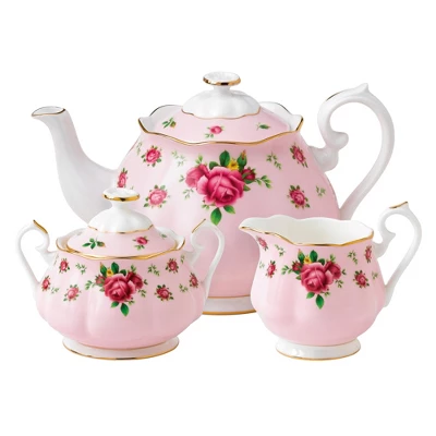 New Country Roses Pink Teapot, Sugar, Cream, 3 Piece Set 3 New Country Roses Pink Teapot, Sugar, Cream, 3 Piece Set