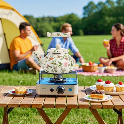 Itopfox Vintage Enamel Tea Kettle, Green Floral Steel Teapot With Cool Touch Porcelain Handle For Stovetop, Home Kitchen Decor, Gift For Housewarming 5 Itopfox Vintage Enamel Tea Kettle, Green Floral Steel Teapot With Cool Touch Porcelain Handle For Stovetop, Home Kitchen Decor, Gift For Housewarming - Image 3