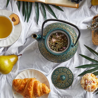 Juvale Cast Iron Floral Teapot Kettle With Stainless Steel Infuser Set, Japanese Tea Pot For Kitchen Pantry, 34 Oz 4 Juvale Cast Iron Floral Teapot Kettle With Stainless Steel Infuser Set, Japanese Tea Pot For Kitchen Pantry, 34 Oz - Image 2