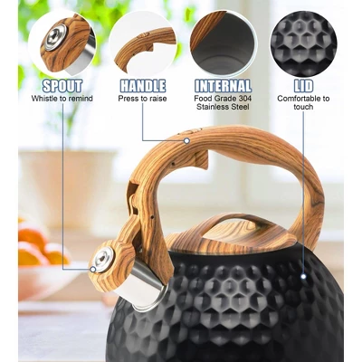 Itopfox Stainless Steel Whistling Tea Kettle With Wood Handle For Stovetop, 3.2 Qt Capacity, Suitable For Gas & Electric Cooktops, Black 3 Itopfox Stainless Steel Whistling Tea Kettle With Wood Handle For Stovetop, 3.2 Qt Capacity, Suitable For Gas & Electric Cooktops, Black