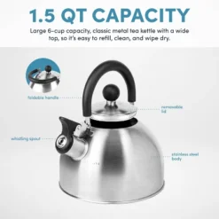 Aroma 1.5qt Stainless Steel Stovetop Kettle Silver: Whistling Tea Kettle With Flip-Up Spout, Small Teapot For Stove -Household Kettle Shop GUEST 3e3ea493 8274 4441 8146 fa71743c9bca