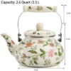 Itopfox Vintage Enamel Tea Kettle, Green Floral Steel Teapot With Cool Touch Porcelain Handle For Stovetop, Home Kitchen Decor, Gift For Housewarming