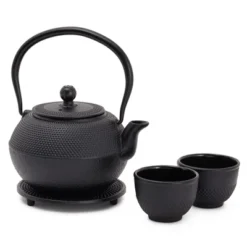 Juvale Black Cast Iron Teapot Tea Kettle Set With 2 Cups, Contemporary Trivet Dutch Hobnail, 1200 ML -Household Kettle Shop GUEST 46defa08 f3a0 47f9 b315 b3c524d4c7f8