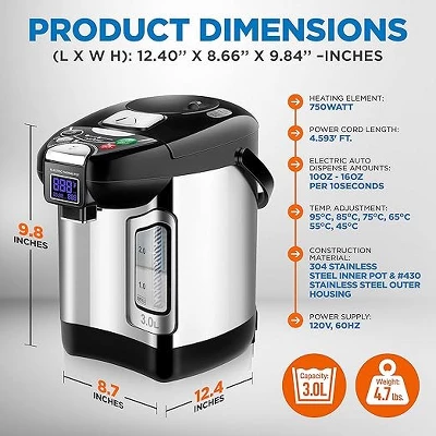 NutriChef Digital Water Boiler And Warmer - 3 Liter Stainless Electric Hot Water Dispenser W/ LCD Display 3 NutriChef Digital Water Boiler And Warmer - 3 Liter Stainless Electric Hot Water Dispenser W/ LCD Display