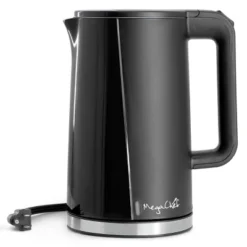 MegaChef 1.7L Double Wall Stainless Steel Electric Tea Kettle Black: 1000W, Hand Wash, 90-Day Warranty, Plastic Handle