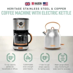 Haden Heritage 1.7 Liter Stainless Steel Electric Kettle Bundled With 12 Cup Drip Coffee Maker, Coffee Machine With Auto Shut-Off, Steel & Copper
