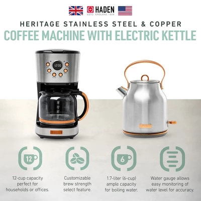 Haden Heritage 1.7 Liter Stainless Steel Electric Kettle Bundled With 12 Cup Drip Coffee Maker, Coffee Machine With Auto Shut-Off, Steel & Copper 3 Haden Heritage 1.7 Liter Stainless Steel Electric Kettle Bundled With 12 Cup Drip Coffee Maker, Coffee Machine With Auto Shut-Off, Steel & Copper