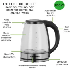 Emerald 1.8L Clear Glass Electric Kettle, Break Resistant, Rapid Boil, 1100W