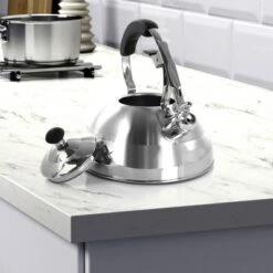 MegaChef 2.7L Stovetop Whistling Kettle - Brushed Silver: Stainless Steel Teapot, Induction & Gas Compatible -Household Kettle Shop GUEST 60d34f1e 20aa 44f3 b410 3035a18457e3