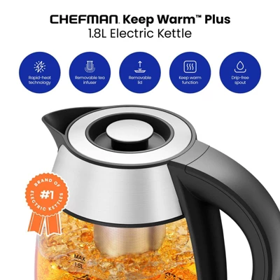 Chefman 1.8L Rapid-Boil Kettle With Keep Warm And Tea Infuser - Stainless Steel: Electric Water Boiler, 1500W, Silver 3 Chefman 1.8L Rapid-Boil Kettle With Keep Warm And Tea Infuser - Stainless Steel: Electric Water Boiler, 1500W, Silver