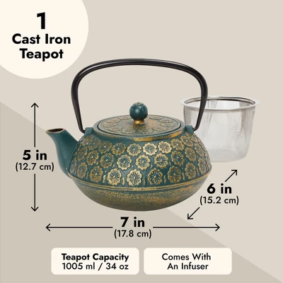 Juvale Cast Iron Floral Teapot Kettle With Stainless Steel Infuser Set, Japanese Tea Pot For Kitchen Pantry, 34 Oz 6 Juvale Cast Iron Floral Teapot Kettle With Stainless Steel Infuser Set, Japanese Tea Pot For Kitchen Pantry, 34 Oz - Image 4