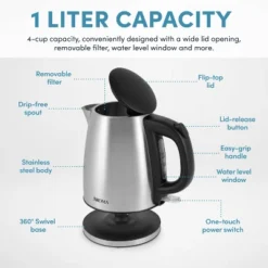 Aroma 1L Electric Water Kettle - Stainless Steel: Tea Kettle, Water Heater, Overheat Protection, 360° Rotating Base -Household Kettle Shop GUEST 6c6807ec 635c 4663 91f0 849f447abe03