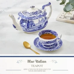 Spode Blue Italian Teapot With Infuser - 40 Oz Countryside-Inspired Ceramic Teaware For Afternoon Tea, Earthenware Brunch Tableware