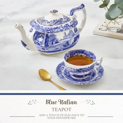 Spode Blue Italian Teapot With Infuser - 40 Oz Countryside-Inspired Ceramic Teaware For Afternoon Tea, Earthenware Brunch Tableware 3 Spode Blue Italian Teapot With Infuser - 40 Oz Countryside-Inspired Ceramic Teaware For Afternoon Tea, Earthenware Brunch Tableware