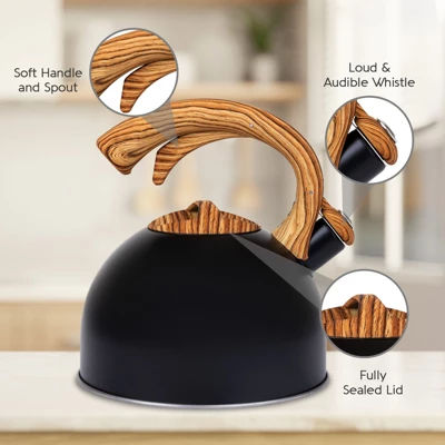 Elle Decor 3-Quart Black Whistling Tea Kettle With Wood Handle 3 Elle Decor 3-Quart Black Whistling Tea Kettle With Wood Handle