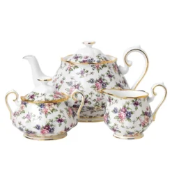 100 Years Teapot Sugar Cream, 3 Piece Set Englsih Chintz 1940