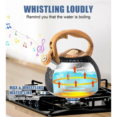 Itopfox Stainless Steel Whistling Tea Kettle With Wood Handle For Stovetop, 3.2 Qt Capacity, Suitable For Gas & Electric Cooktops, Black 4 Itopfox Stainless Steel Whistling Tea Kettle With Wood Handle For Stovetop, 3.2 Qt Capacity, Suitable For Gas & Electric Cooktops, Black - Image 2