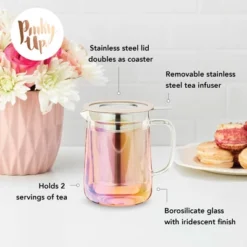 Pinky Up Chas Mini Glass Teapot, Loose Leaf Tea Infuser, Hot Tea Or Iced Tea Maker, Small Teapot, 16 Ounce Loose Leaf Infuser, Iridescent, Set Of 1