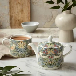 Spode Morris & Co. Strawberry Thief Tea Set For One - 10 Oz. Porcelain Teacup With Matching Teapot, Bird & Floral Pattern -Household Kettle Shop GUEST a9230391 5453 45e4 8010 4a5b99752dc1