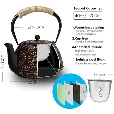 Itopfox Japanese Cast Iron Teapot, Enamel-Coated Stovetop Kettle With Stainless Steel Infuser & Heat-Resistant Handle, Traditional Iron Pot 4 Itopfox Japanese Cast Iron Teapot, Enamel-Coated Stovetop Kettle With Stainless Steel Infuser & Heat-Resistant Handle, Traditional Iron Pot - Image 2