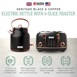 Haden Heritage 4 Slice Wide Slot Stainless Steel Toaster Bundled With 1.7 Liter Stainless Steel Electric Water Kettle, Black & Copper