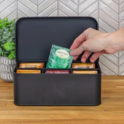 AuldHome Design Farmhouse Tea Bag Box, Vintage Retro Style Enamelware Tea Storage Tin