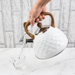 SharpChef Whistling Stovetop Tea Kettle,Food Grade Stainless Steel, Cool Touch Wood Look Handle, Fast Boil, For Gas, Electric, And Glass Ranges - 3L