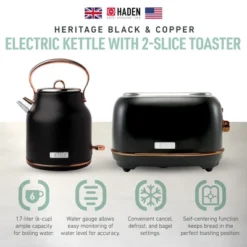 Haden Heritage 1.7 Liter Stainless Steel Electric Water Kettle Bundled With 2 Slice Wide Slot Stainless Steel Toaster, Black & Copper
