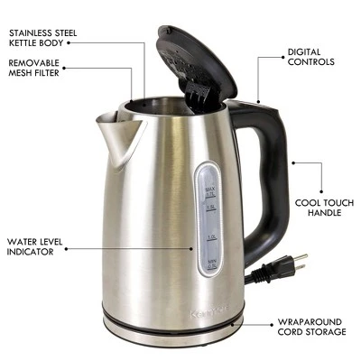 Kenmore 57.6oz Preset Programable Stainless Steel Electric Tea Kettle Black/Silver: 1.8L, Auto Shut-Off, LED Light 7 Kenmore 57.6oz Preset Programable Stainless Steel Electric Tea Kettle Black/Silver: 1.8L, Auto Shut-Off, LED Light - Image 5