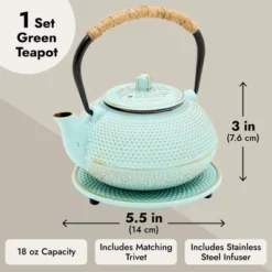 Juvale Cast Iron Teapot With Infuser - Japanese Tea Kettle, Loose Leaf Tetsubin With Trivet (Green, 3 Pcs, Holds 18 Oz,500 Ml) 12 Juvale Cast Iron Teapot With Infuser - Japanese Tea Kettle, Loose Leaf Tetsubin With Trivet (Green, 3 Pcs, Holds 18 Oz,500 Ml) -Household Kettle Shop GUEST bf16aeb5 70ce 47fa 978b bc3223755c54