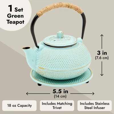 Juvale Cast Iron Teapot With Infuser - Japanese Tea Kettle, Loose Leaf Tetsubin With Trivet (Green, 3 Pcs, Holds 18 Oz,500 Ml) 5 Juvale Cast Iron Teapot With Infuser - Japanese Tea Kettle, Loose Leaf Tetsubin With Trivet (Green, 3 Pcs, Holds 18 Oz,500 Ml) - Image 3