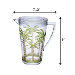 Gulches 2.75 Quarts Palm Tree Design Unbreakable Plastic Water Pitcher With Lid - BPA Free, Ideal For Drinks & Juices, With Spout