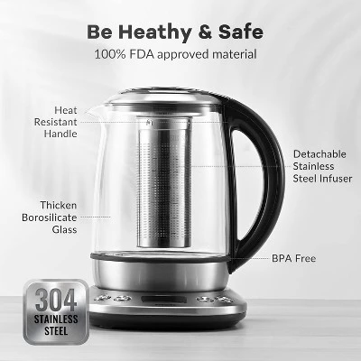 Mecity Electric Tea Kettle - 1.7L Glass, Temp Control, Preset Programs, Removable Infuser, 1200W 8 Mecity Electric Tea Kettle - 1.7L Glass, Temp Control, Preset Programs, Removable Infuser, 1200W - Image 6