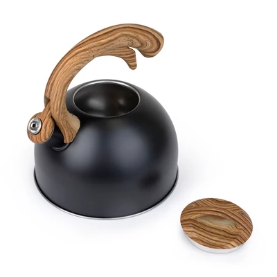 Elle Decor 3-Quart Black Whistling Tea Kettle With Wood Handle 6 Elle Decor 3-Quart Black Whistling Tea Kettle With Wood Handle - Image 4