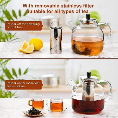 Itopfox Glass Teapot With Removable Infuser, Stovetop Safe Large Tea Pot For Blooming & Loose Leaf, Hand Crafted Kettle With Stainless Steel Strainer 4 Itopfox Glass Teapot With Removable Infuser, Stovetop Safe Large Tea Pot For Blooming & Loose Leaf, Hand Crafted Kettle With Stainless Steel Strainer - Image 2