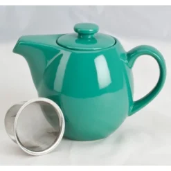 OmniWare 24 Oz Stoneware Teapot With Stainless Steel Mesh Infuser (Teal) - Microwave & Dishwasher Safe, Removable Infuser -Household Kettle Shop GUEST d852d550 5916 4265 9b83 f263a5412018