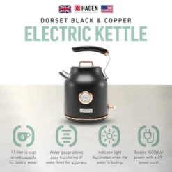 Haden Dorset 1.7 Liter Stainless Steel Electric Kettle, Hot Water Kettle With 360-Degree Base And Auto Shutoff, Black & Copper