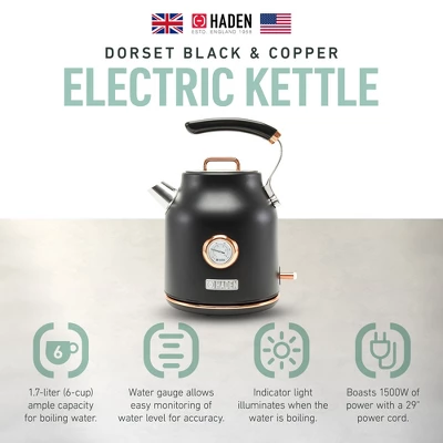 Haden Dorset 1.7 Liter Stainless Steel Electric Kettle, Hot Water Kettle With 360-Degree Base And Auto Shutoff, Black & Copper 3 Haden Dorset 1.7 Liter Stainless Steel Electric Kettle, Hot Water Kettle With 360-Degree Base And Auto Shutoff, Black & Copper