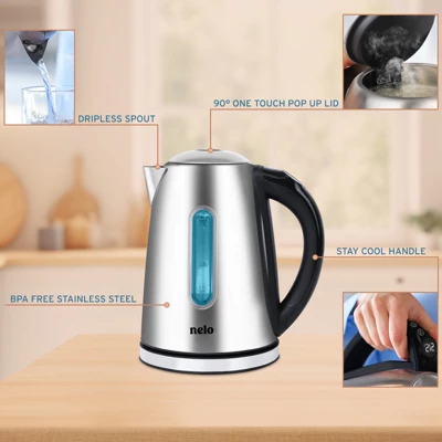 NELO Electric Kettle With 7 Temperature Presets, Digital Temperature Display, LED Indicator Lights, Stainless Steel, BPA-Free, 1.7 Liters 6 NELO Electric Kettle With 7 Temperature Presets, Digital Temperature Display, LED Indicator Lights, Stainless Steel, BPA-Free, 1.7 Liters - Image 4