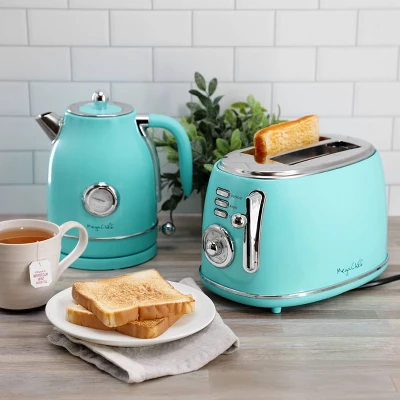 MegaChef 1.7 Liter Electric Tea Kettle & 2 Slice Toaster Combo In Turquoise: Small Water Boiler, Cordless, BPA-Free 4 MegaChef 1.7 Liter Electric Tea Kettle & 2 Slice Toaster Combo In Turquoise: Small Water Boiler, Cordless, BPA-Free - Image 2