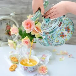 Itopfox 2.6 Quart Floral Enamel Tea Kettle, Vintage Stovetop Teapot With Ceramic Handle, Colorful Hot Water Pot For Home Kitchen Decor, No Whistling